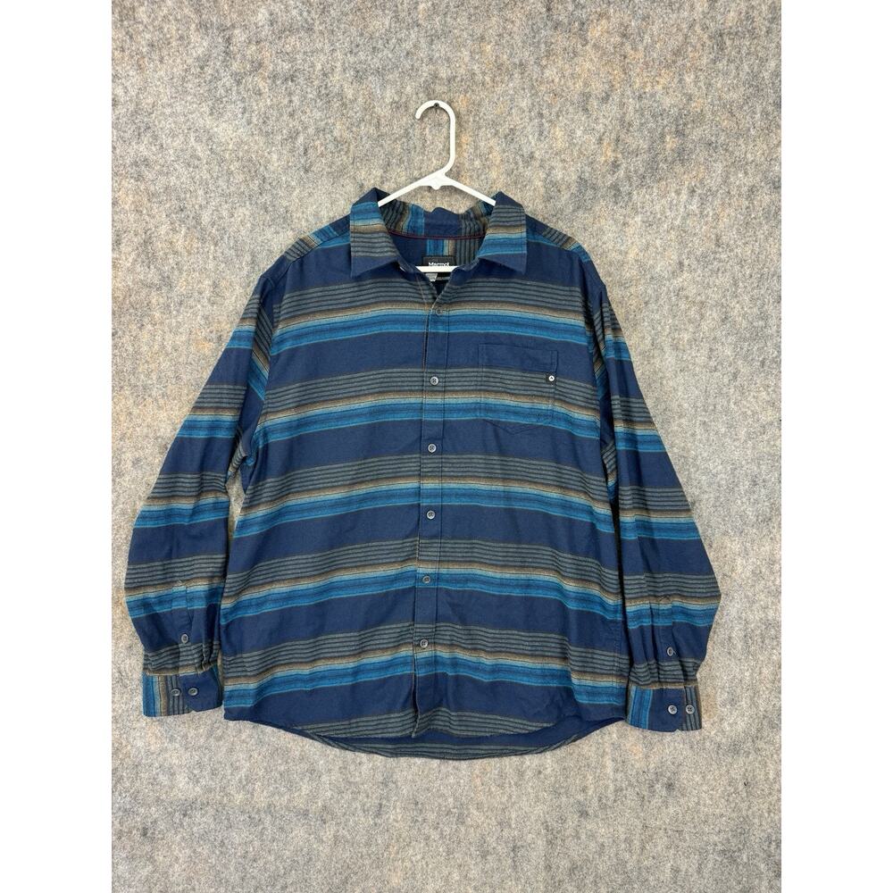 Marmot Long Sleeve Button Up Flannel Shirt Mens XXL Blue Brown Striped 2XL